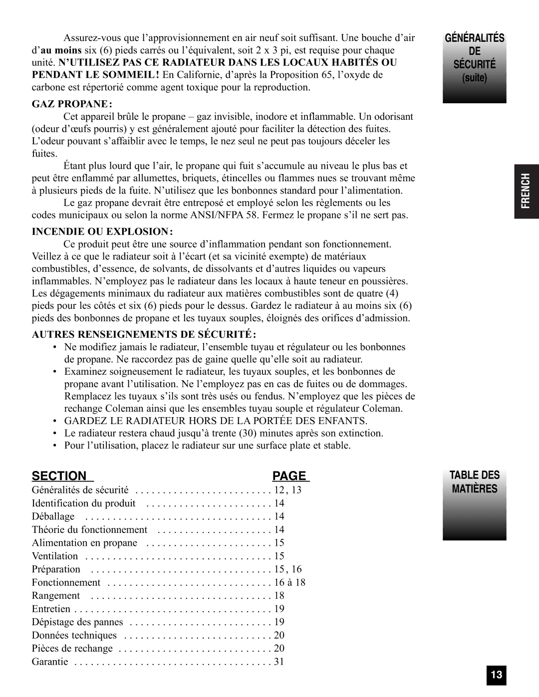 Coleman 5085A751 Table DES Matières, GAZ Propane, Incendie OU Explosion, Autres Renseignements DE Sécurité, Généralités 