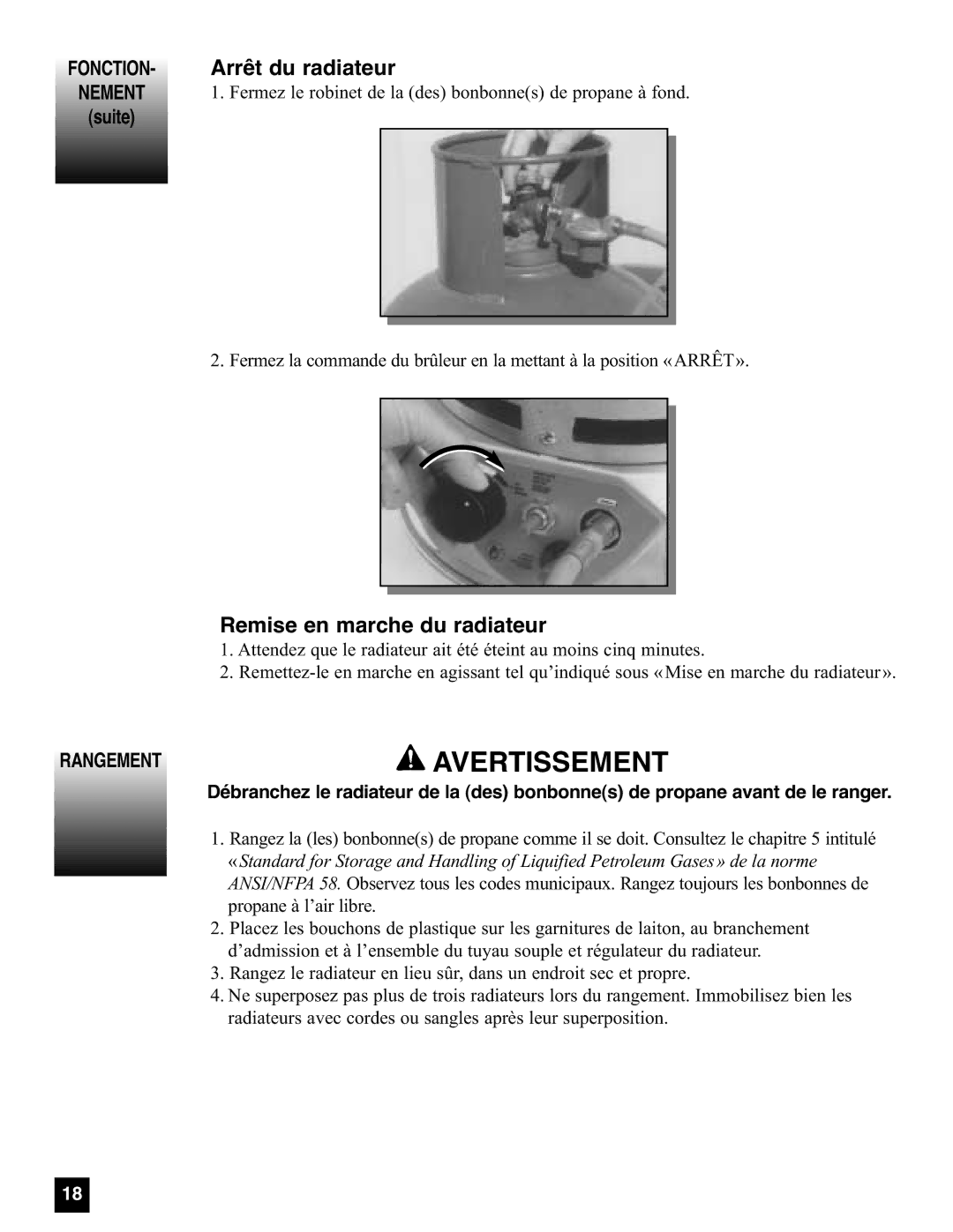 Coleman 5080A751, 5085A751 manual FONCTION- Arrêt du radiateur, Rangement 