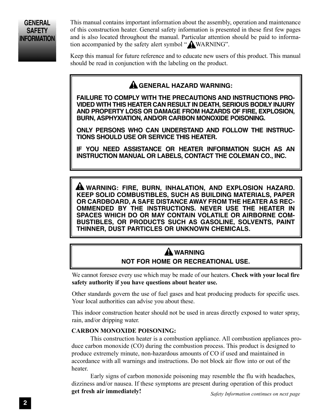 Coleman 5080A751, 5085A751 manual General Safety, General Hazard Warning, Carbon Monoxide Poisoning 