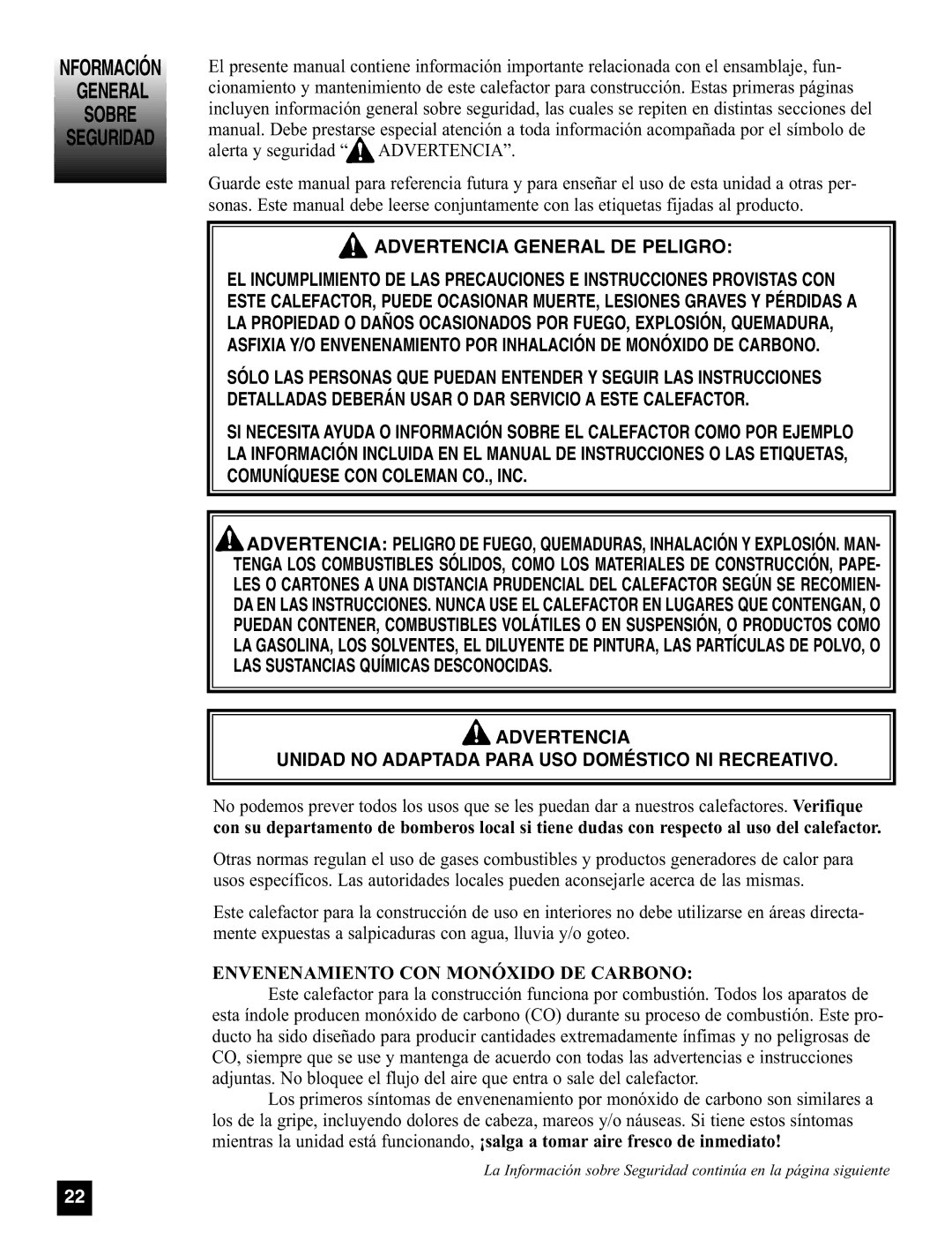 Coleman 5080A751, 5085A751 General Sobre Seguridad, Advertencia General DE Peligro, Envenenamiento CON Monóxido DE Carbono 