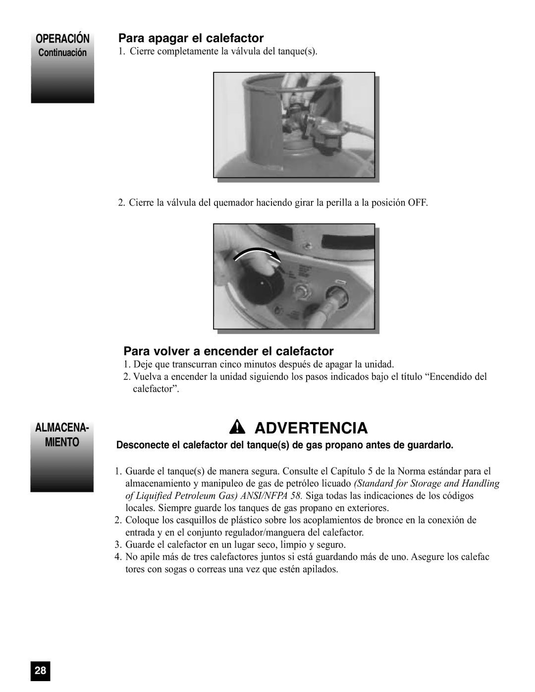 Coleman 5080A751, 5085A751 manual Para apagar el calefactor, Almacena Miento 