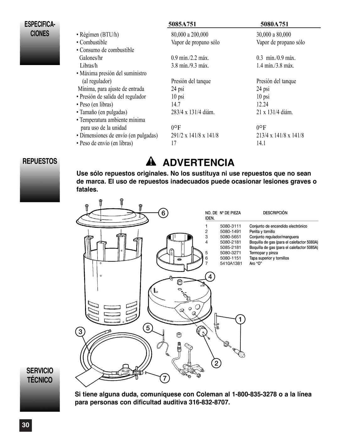 Coleman 5080A751, 5085A751 manual Especifica Ciones Repuestos, Servicio Técnico 