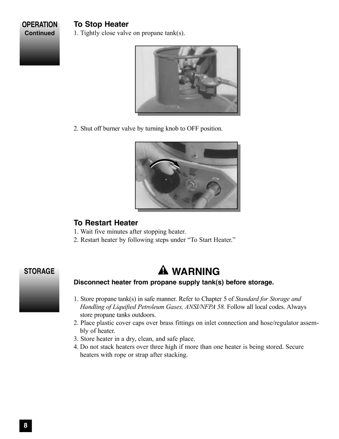 Coleman 5080A751, 5085A751 manual To Restart Heater, Storage 