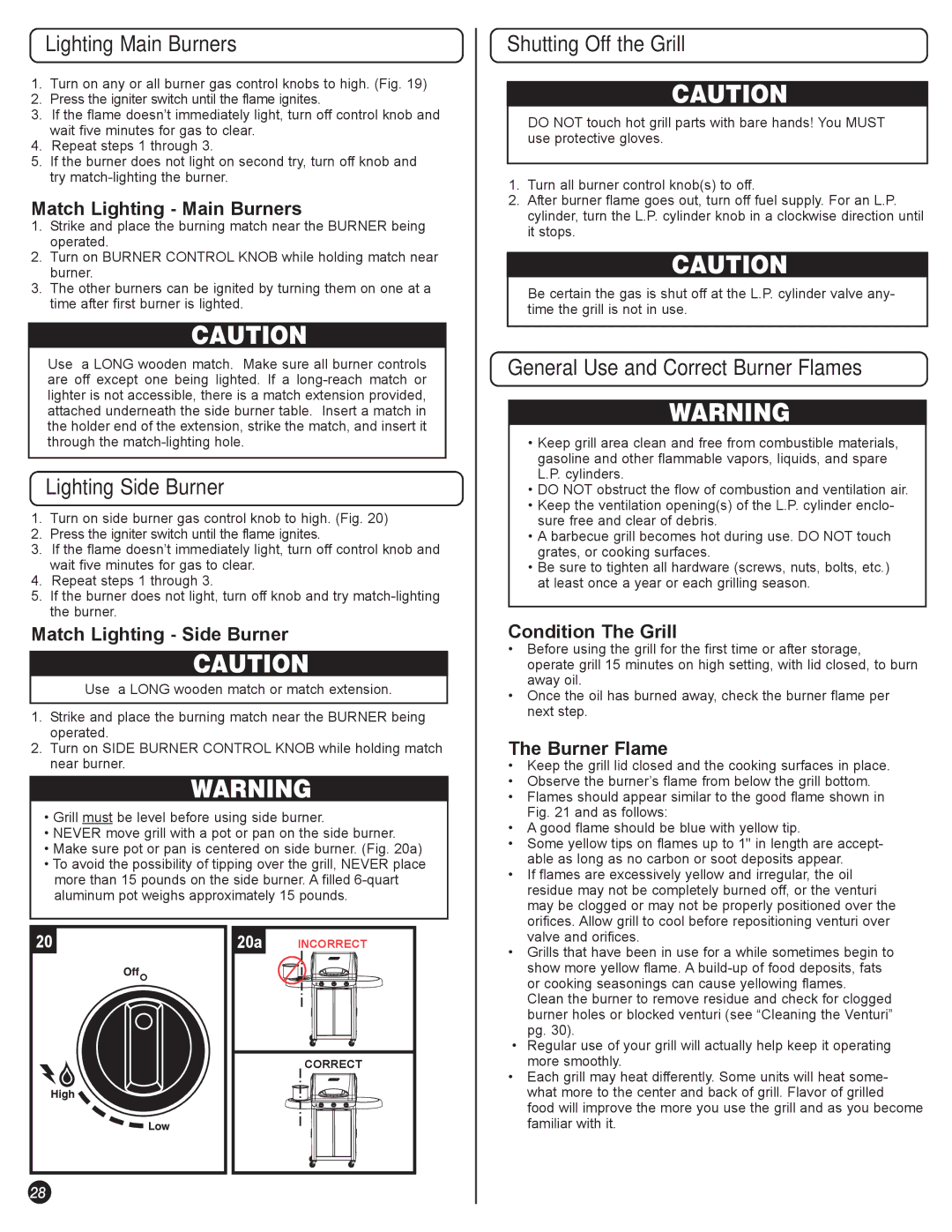 Coleman 5100 LP Lighting Main Burners, Lighting Side Burner, Shutting Off the Grill, General Use and Correct Burner Flames 