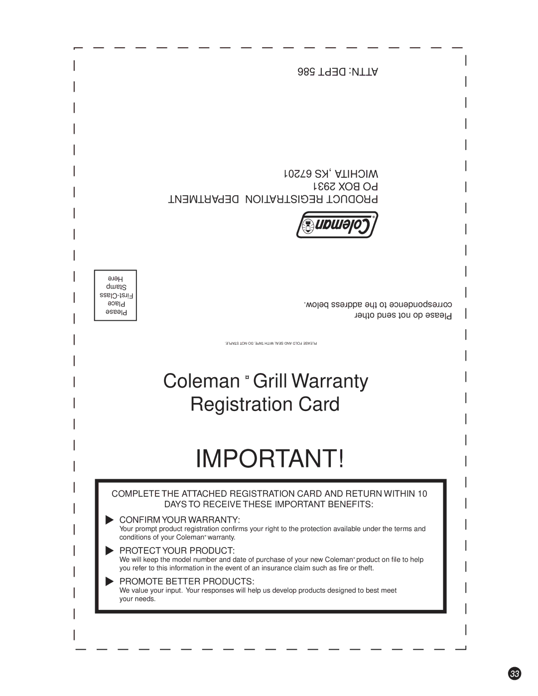 Coleman 5110, 5100 LP manual Coleman¨ Grill Warranty Registration Card 