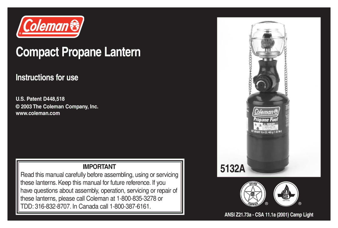 Coleman 5132A manual Compact Propane Lantern 