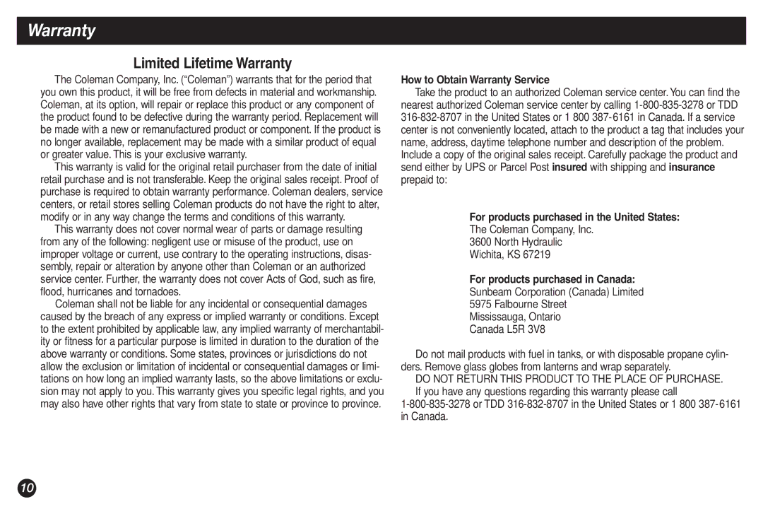 Coleman 5132A manual How to Obtain Warranty Service, For products purchased in the United States, Canada L5R 