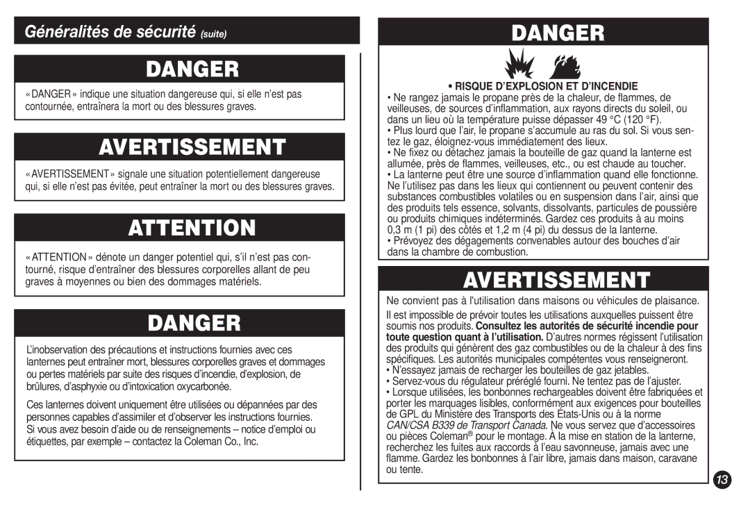 Coleman 5132A manual Avertissement, Généralités de sécurité suite, Risque D’EXPLOSION ET D’INCENDIE 