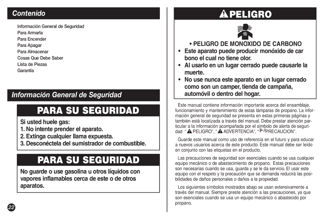 Coleman 5132A manual Para SU Seguridad, Peligro, Contenido, Información General de Seguridad 