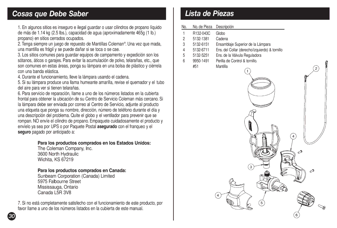 Coleman 5132A manual Cosas que Debe Saber, Lista de Piezas, Para los productos comprados en los Estados Unidos 