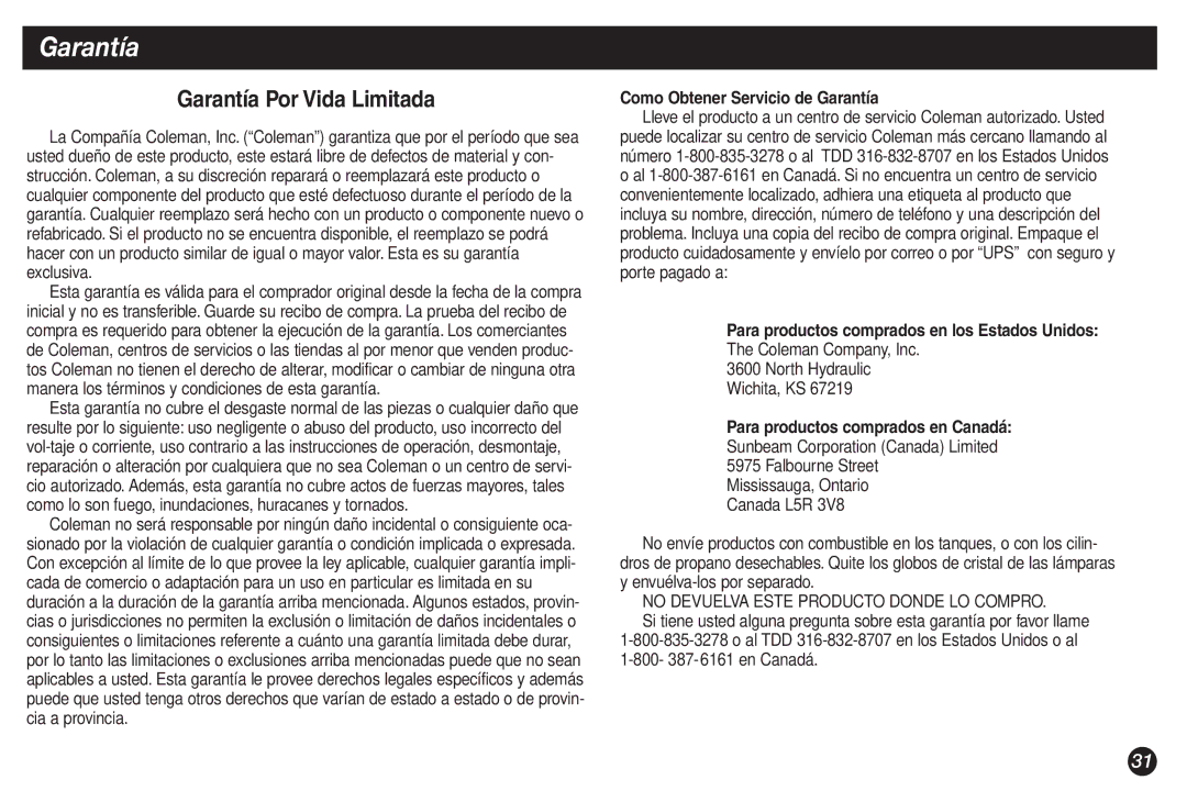 Coleman 5132A manual Como Obtener Servicio de Garantía, Para productos comprados en los Estados Unidos 