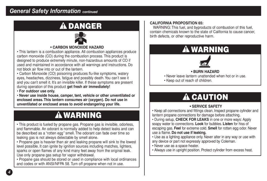 Coleman 5132A manual Carbon Monoxide Hazard, For outdoor use only, California Proposition Burn Hazard, Service Safety 