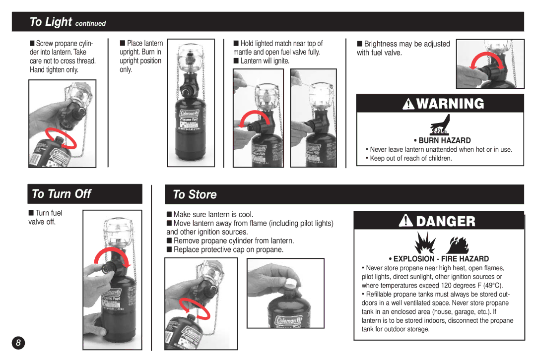 Coleman 5132A manual To Turn Off, To Store 