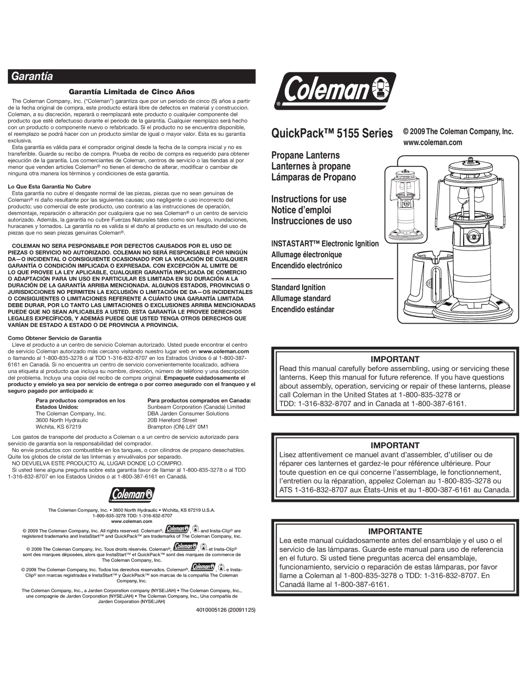 Coleman 5155 manual Garantía Limitada de Cinco Años 