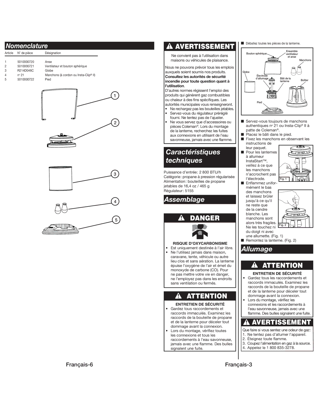 Coleman 5155 manual Nomenclature, Caractéristiques techniques, Assemblage, Allumage 