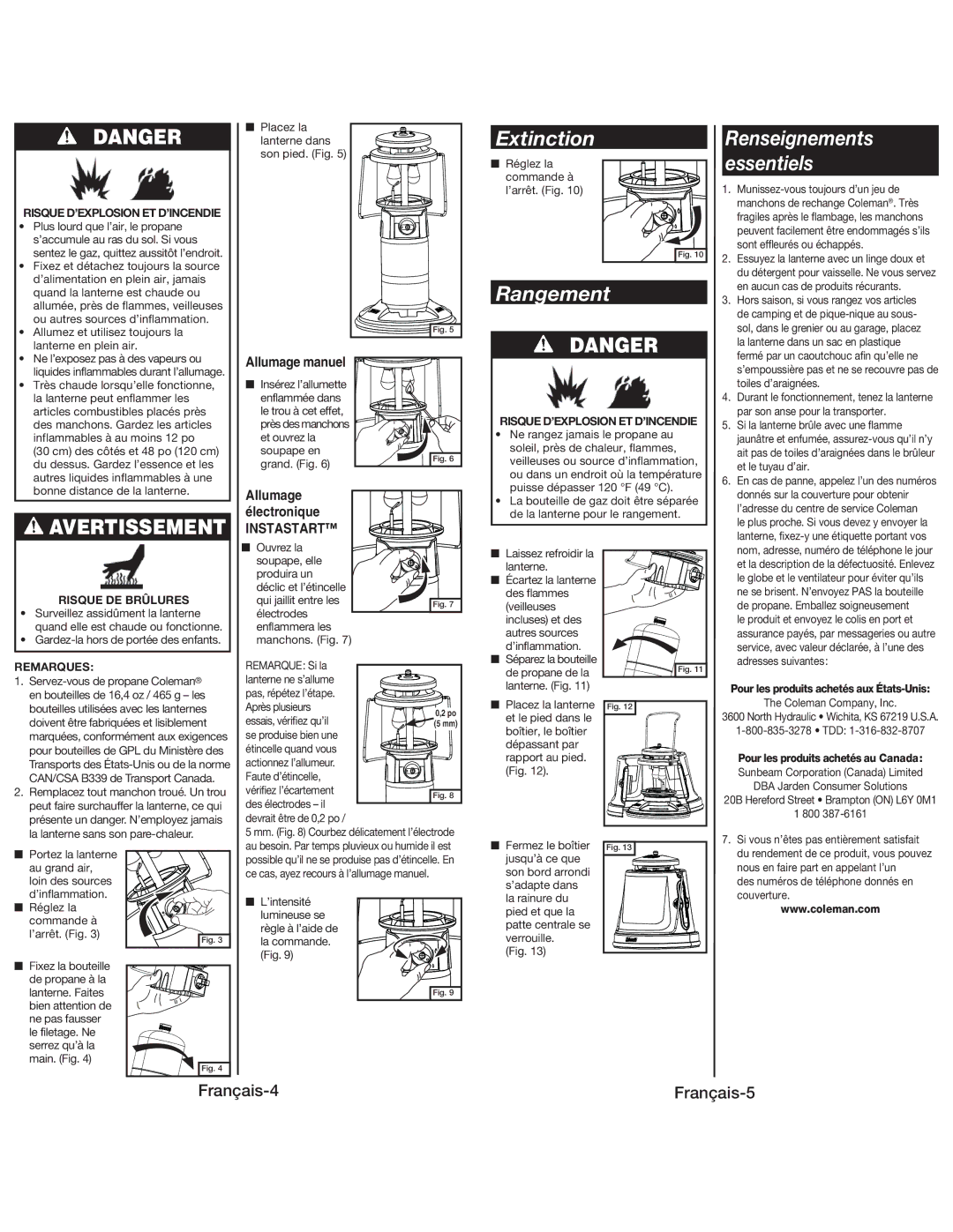 Coleman 5155 manual Extinction, Rangement, Remarques, Allumage électronique 