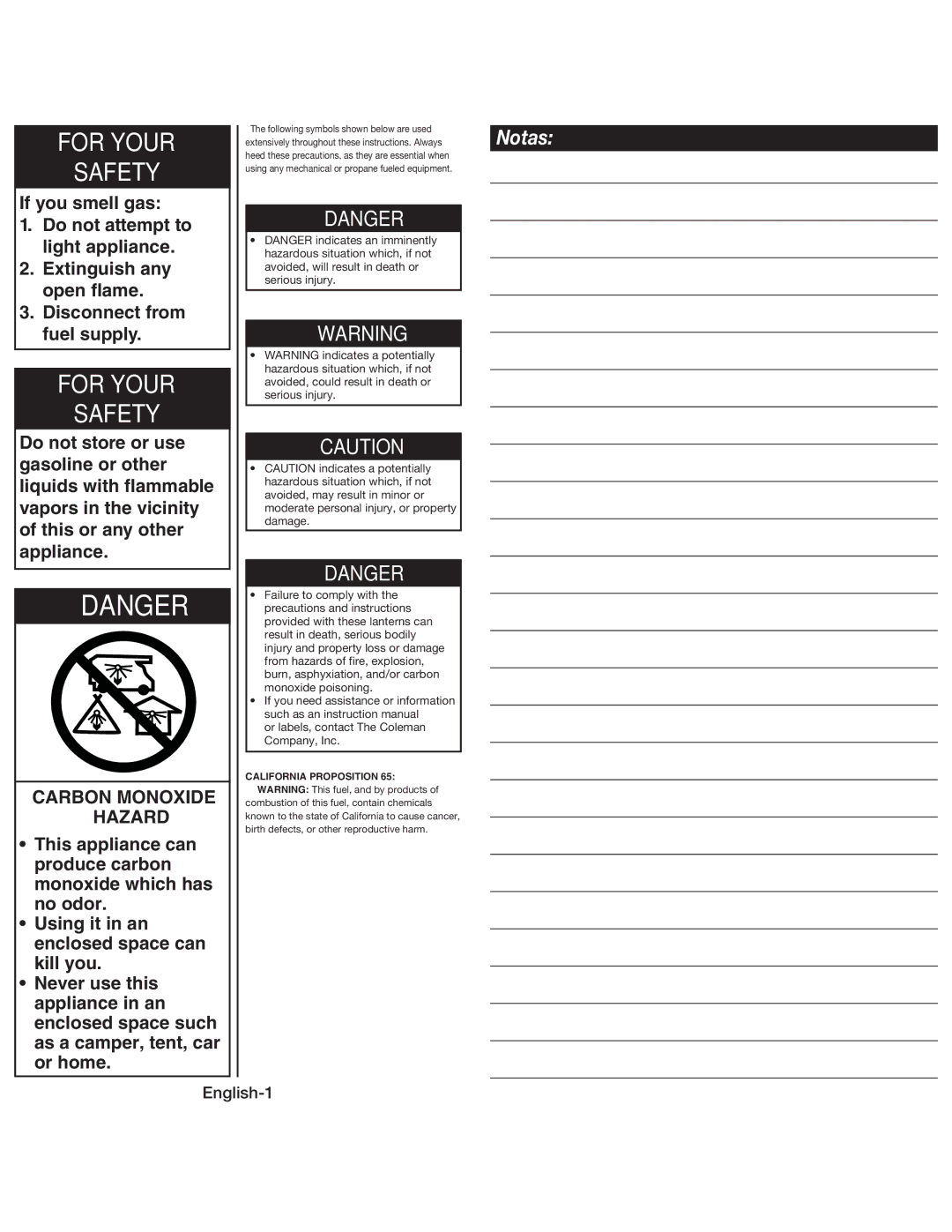 Coleman 5155 For Your Safety, Carbon Monoxide Hazard, Or labels, contact The Coleman Company, Inc, California Proposition 