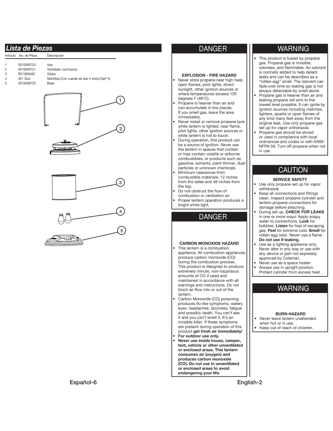 Coleman 5155 manual Lista de Piezas, Explosion Fire Hazard, Carbon Monoxide Hazard, Service Safety, Burn Hazard 