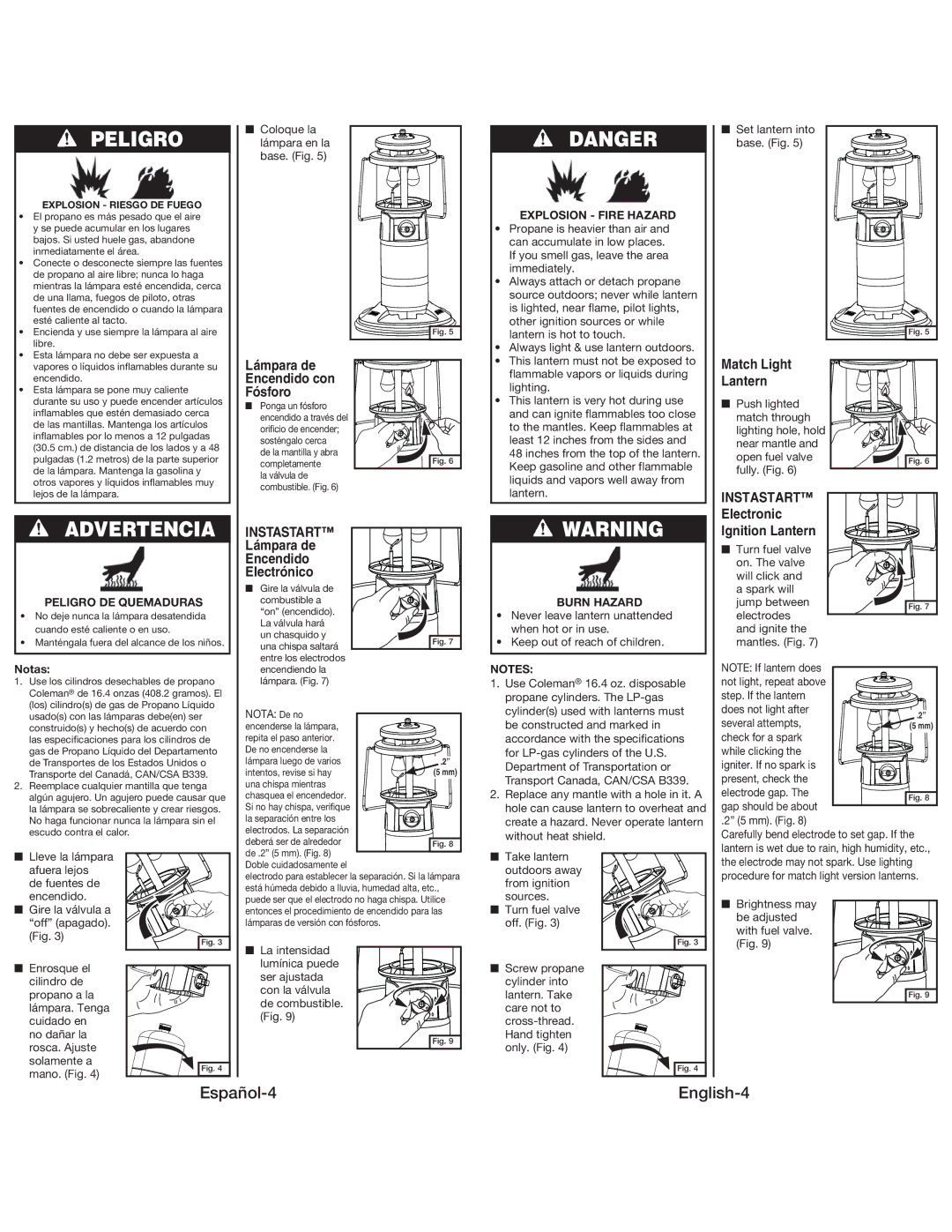 Coleman 5155 manual Advertencia, Peligro DE Quemaduras, Instastart Lámpara de Encendido Electrónico, Notas 