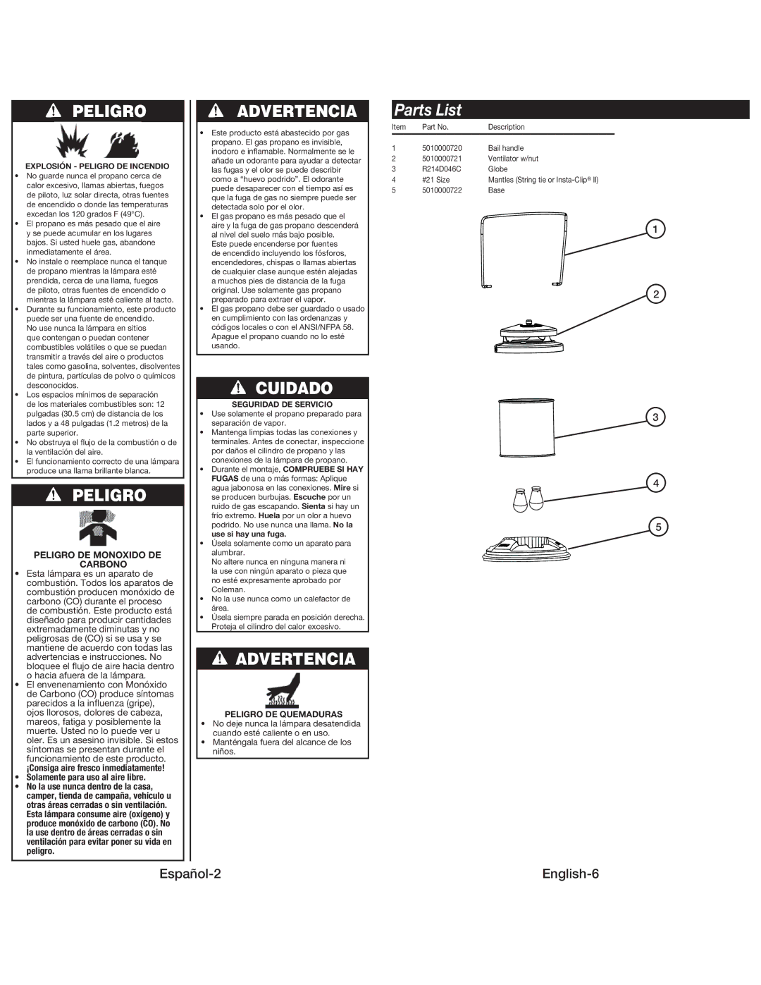 Coleman 5155 manual Parts List, Solamente para uso al aire libre, Explosión Peligro DE Incendio, Peligro DE Quemaduras 