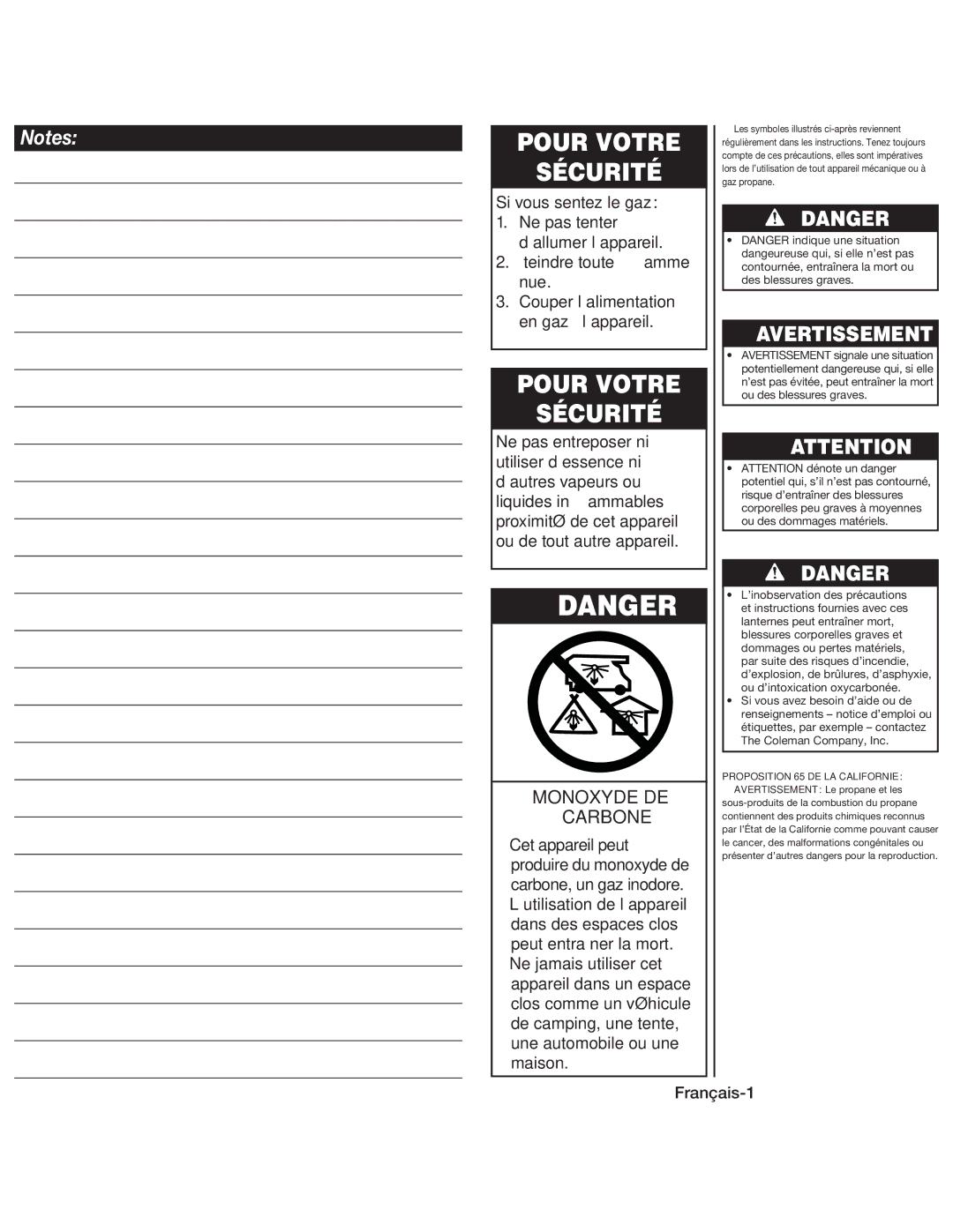 Coleman 5155 manual Pour Votre Sécurité, Avertissement, Monoxyde DE Carbone, Proposition 65 DE LA Californie 