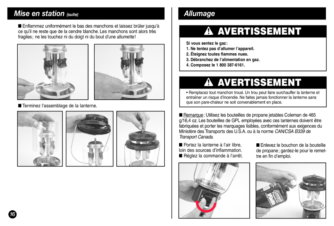 Coleman 5155A706 Mise en station suite, Allumage, Terminez l’assemblage de la lanterne, Portez la lanterne à l’air libre 