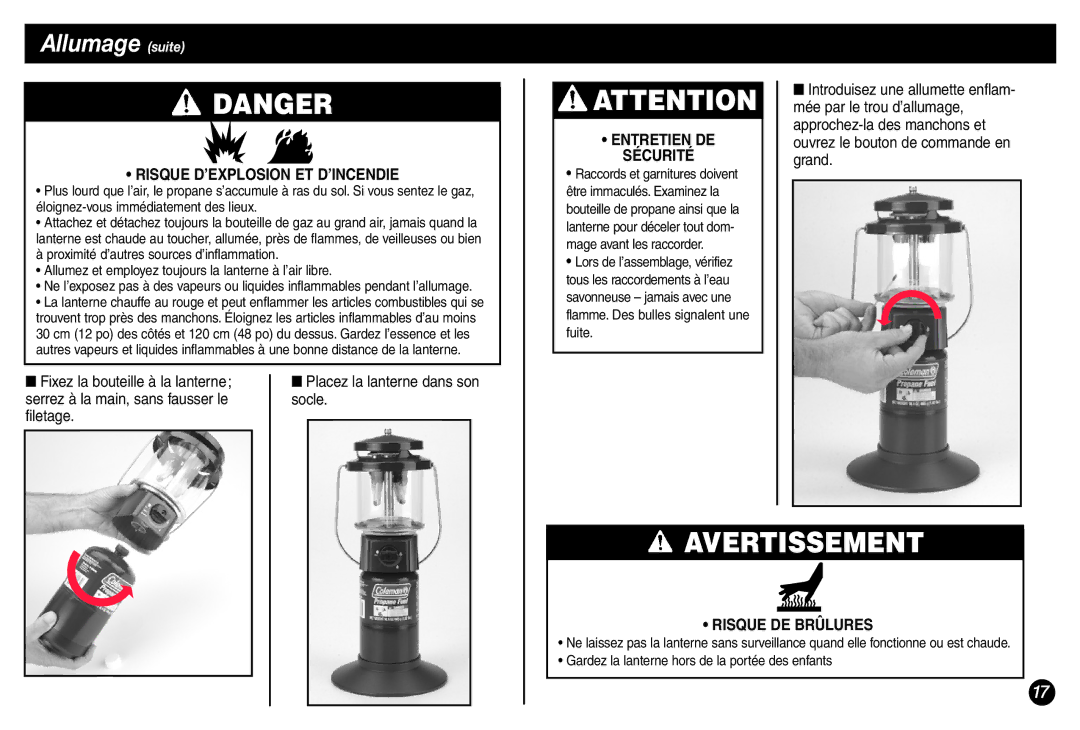 Coleman 5155A706 manual Allumage suite, Fixez la bouteille à la lanterne, Serrez à la main, sans fausser le Socle Filetage 