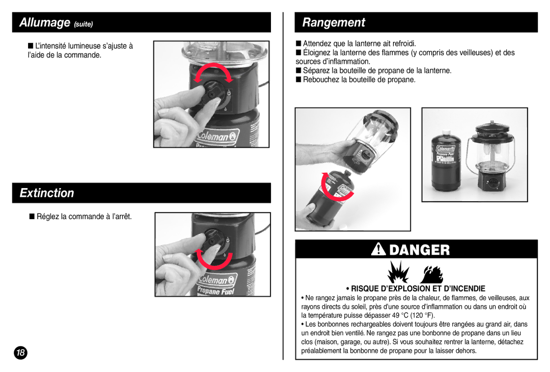 Coleman 5155A706 manual Extinction, Rangement, Réglez la commande à l’arrêt 