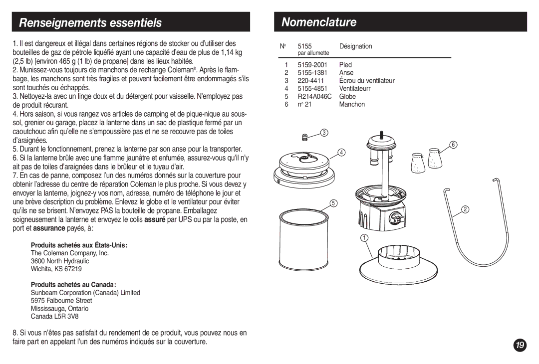 Coleman 5155A706 manual Renseignements essentiels, Nomenclature 