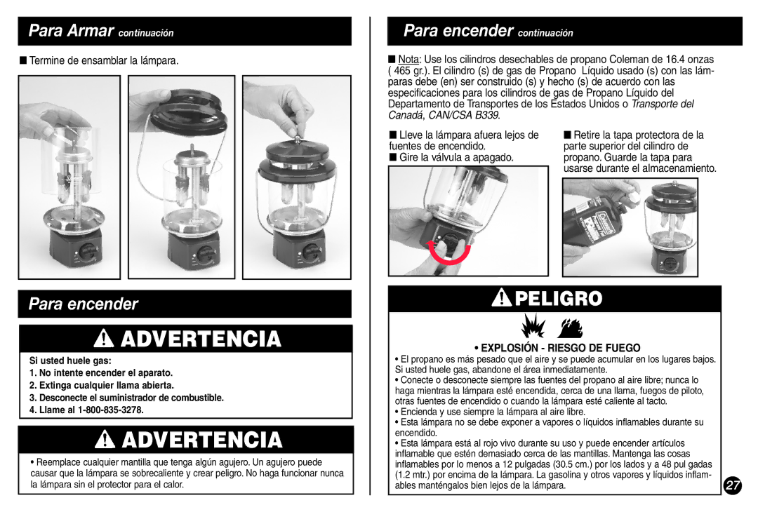 Coleman 5155A706 manual Para encender continuación, Termine de ensamblar la lámpara, Explosión Riesgo DE Fuego 