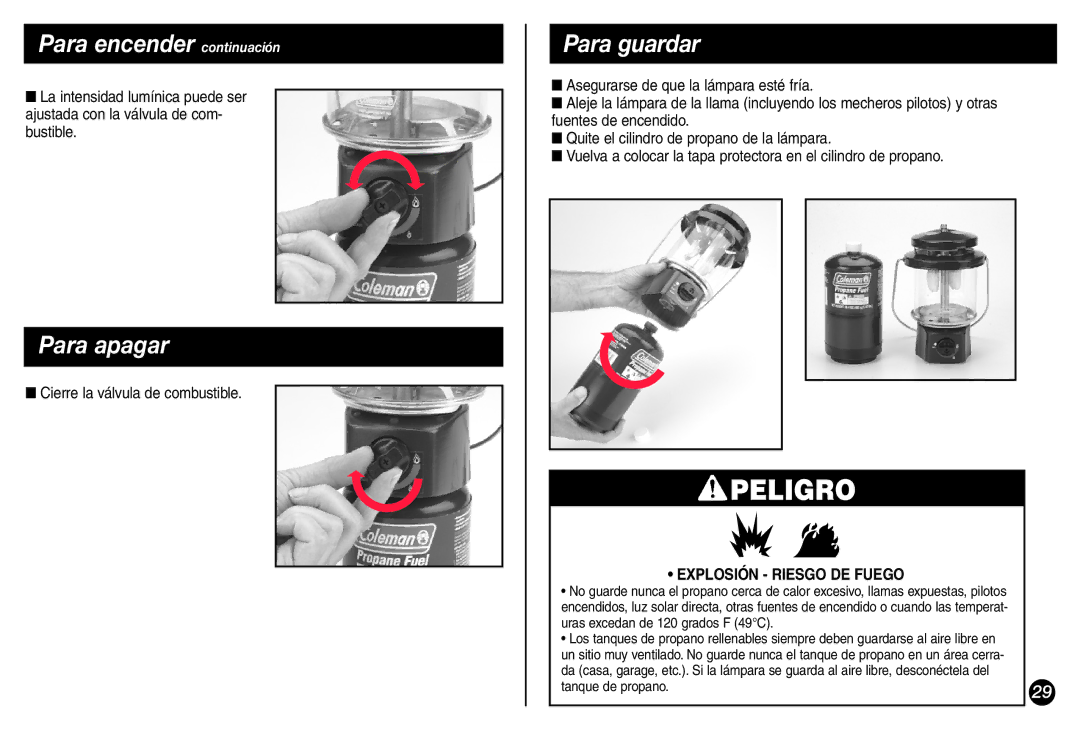 Coleman 5155A706 manual Para apagar, Para guardar, Cierre la válvula de combustible 