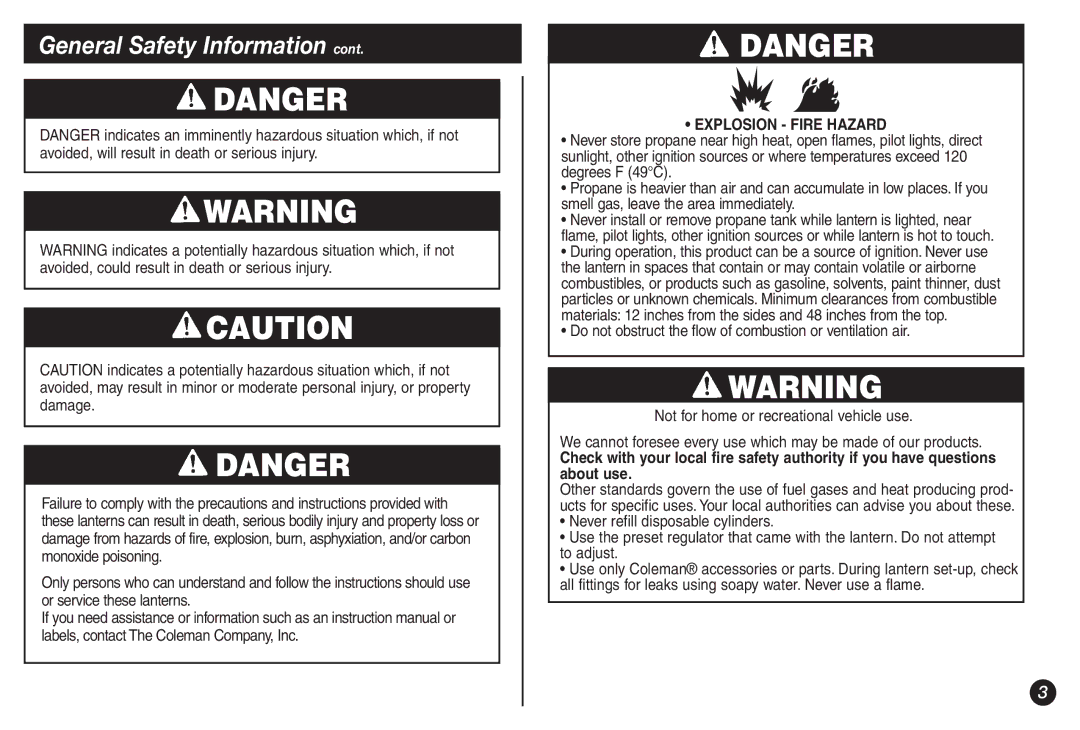 Coleman 5155A706 manual Explosion Fire Hazard 