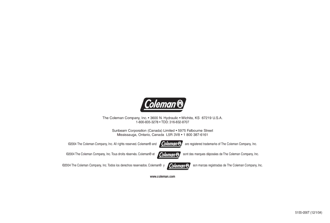 Coleman 5155A706 manual 5155-056T 12/1/04 