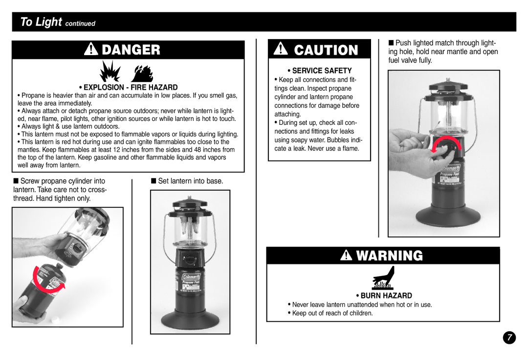 Coleman 5155A706 manual Screw propane cylinder into, Lantern. Take care not to cross Thread. Hand tighten only 