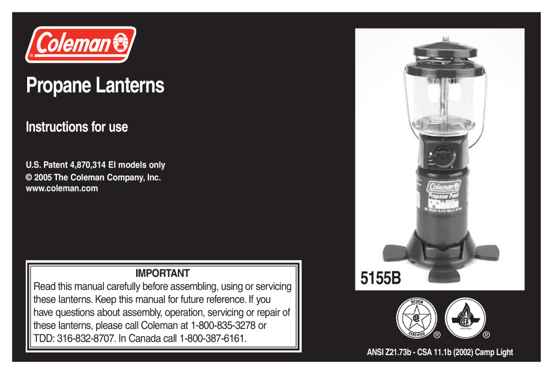 Coleman 5155B manual Propane Lanterns 