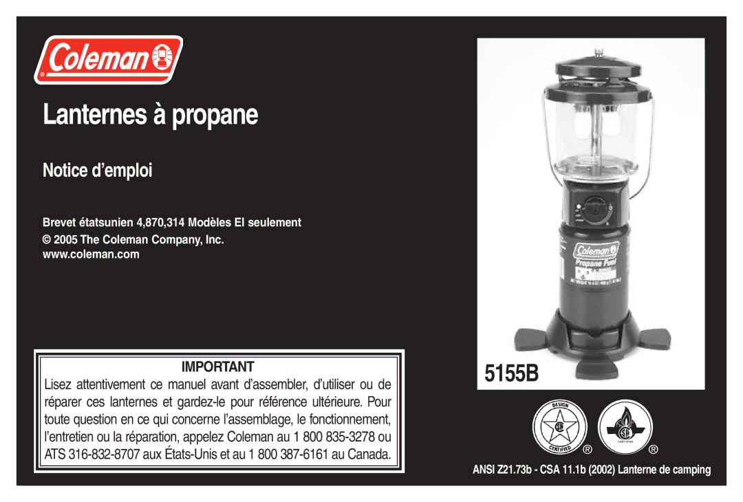 Coleman 5155B manual Lanternes à propane 