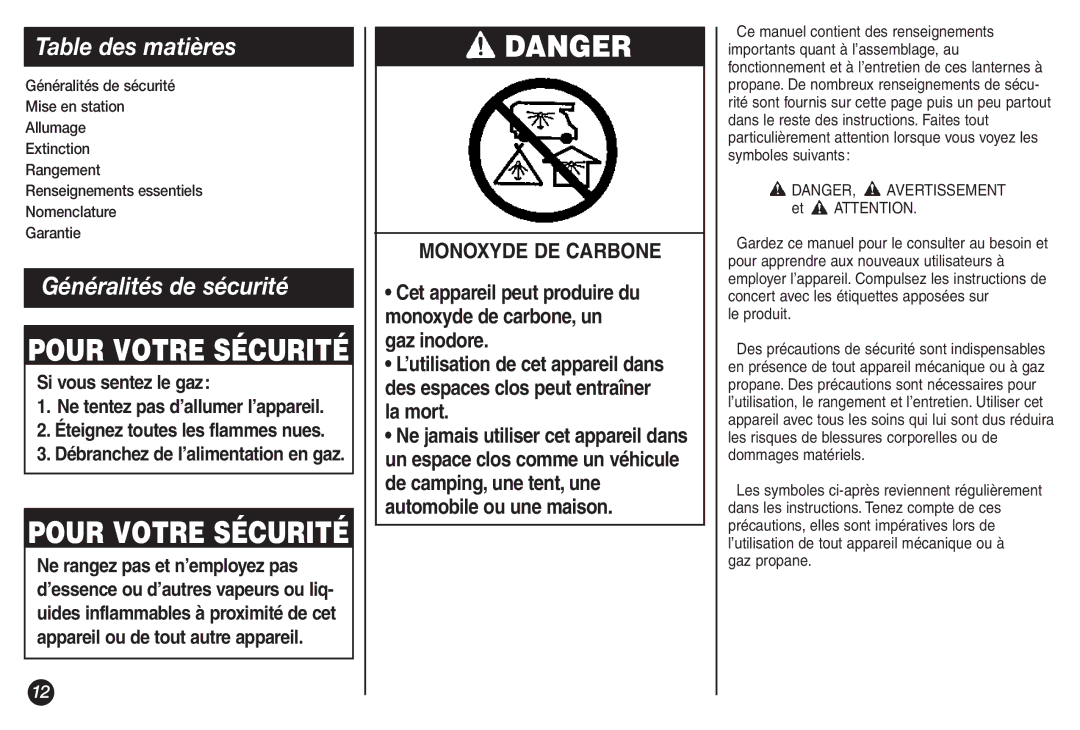 Coleman 5155B manual Table des matières, Généralités de sécurité, Le produit 