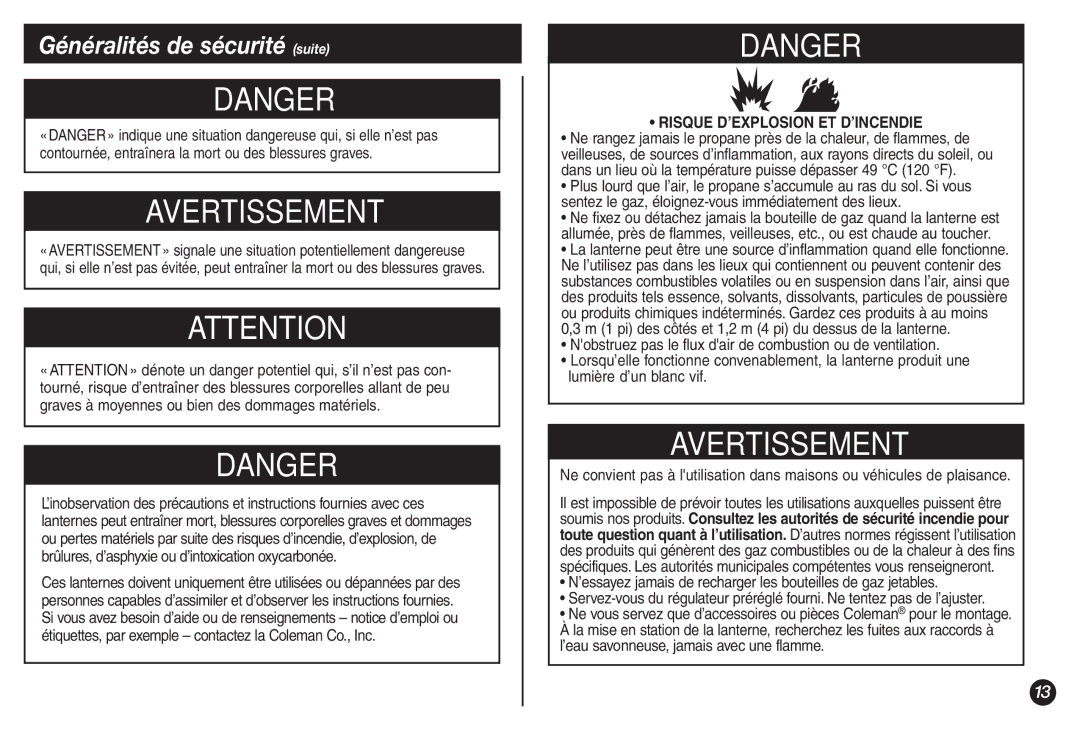 Coleman 5155B manual Généralités de sécurité suite, Risque D’EXPLOSION ET D’INCENDIE 