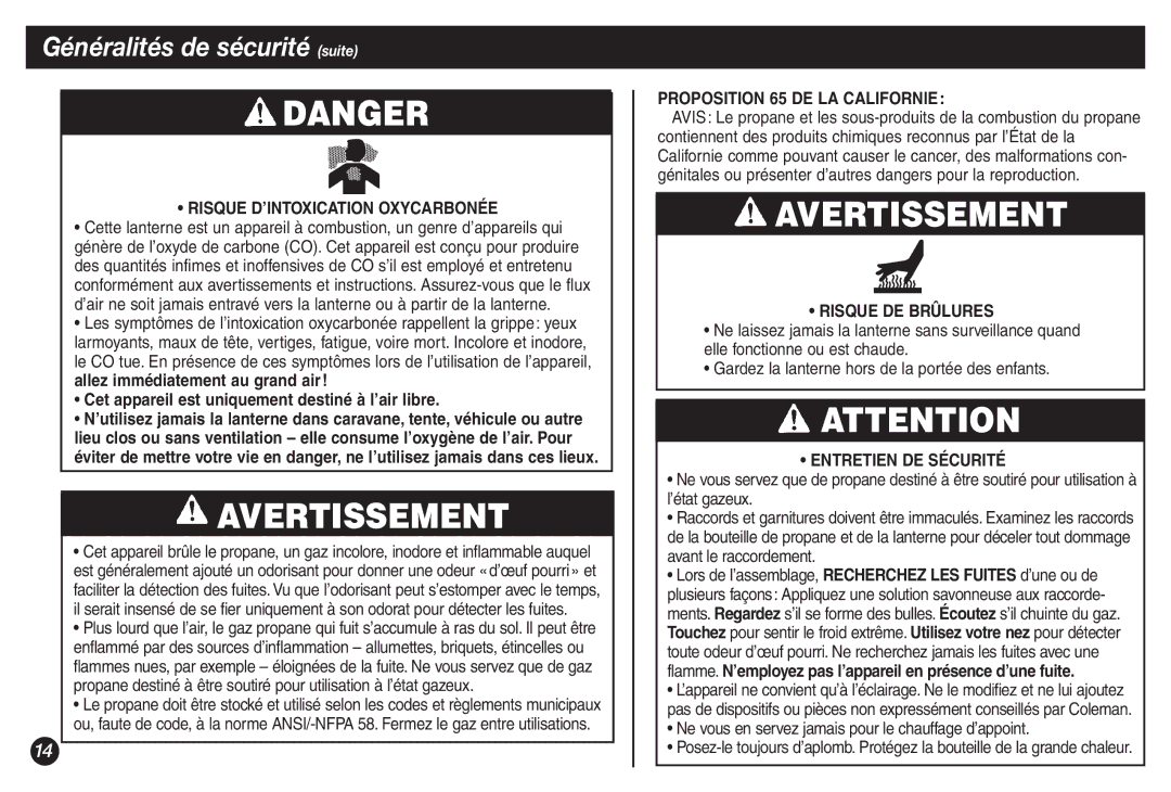 Coleman 5155B Risque D’INTOXICATION Oxycarbonée, Cet appareil est uniquement destiné à l’air libre, Risque DE Brûlures 