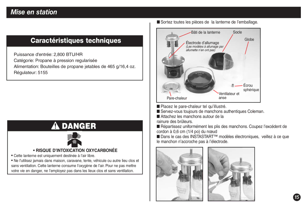 Coleman 5155B manual Mise en station, Sortez toutes les pièces de la lanterne de l’emballage 