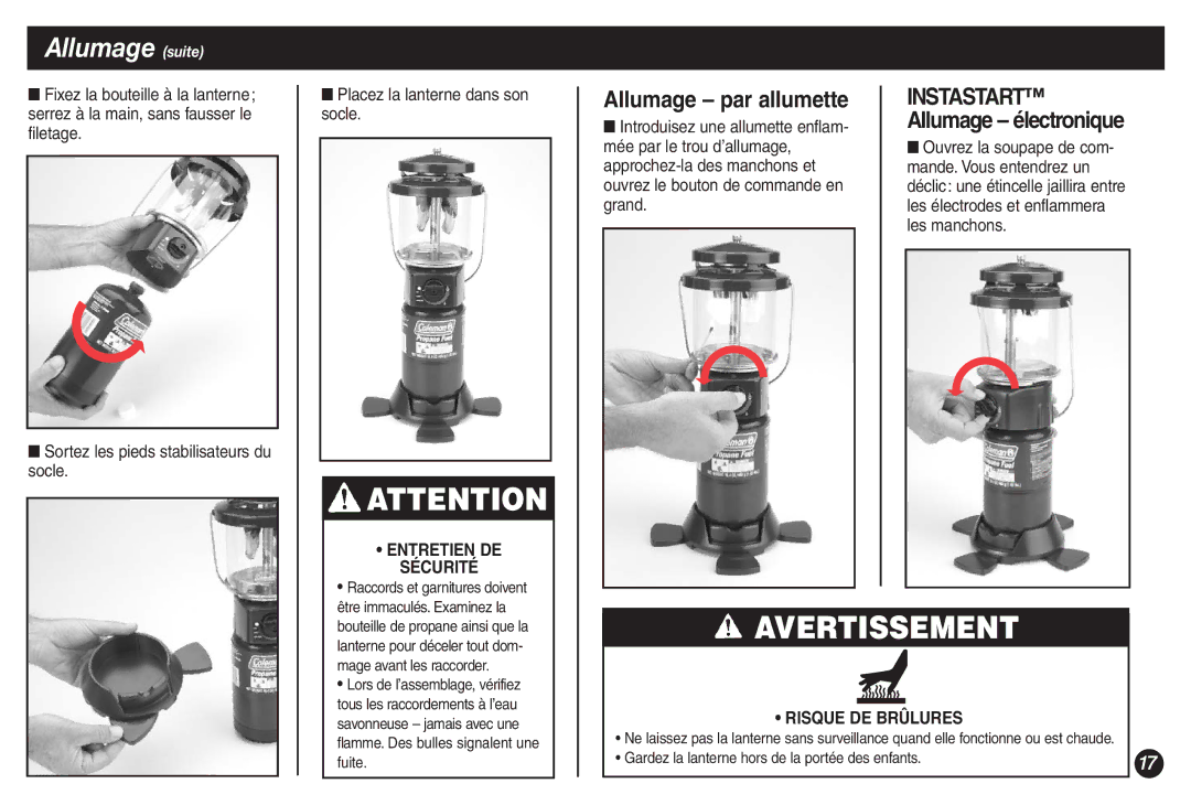 Coleman 5155B manual Allumage par allumette, Instastart Allumage électronique 