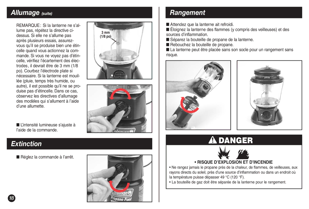 Coleman 5155B manual Extinction, Rangement, Réglez la commande à l’arrêt 