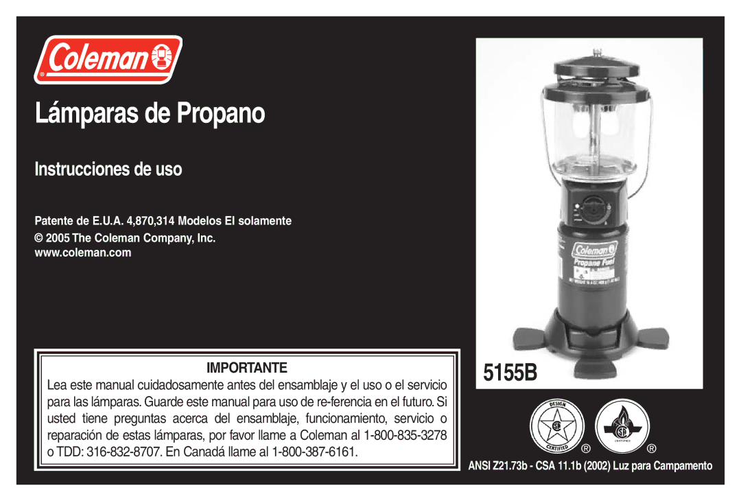 Coleman 5155B manual Lámparas de Propano 