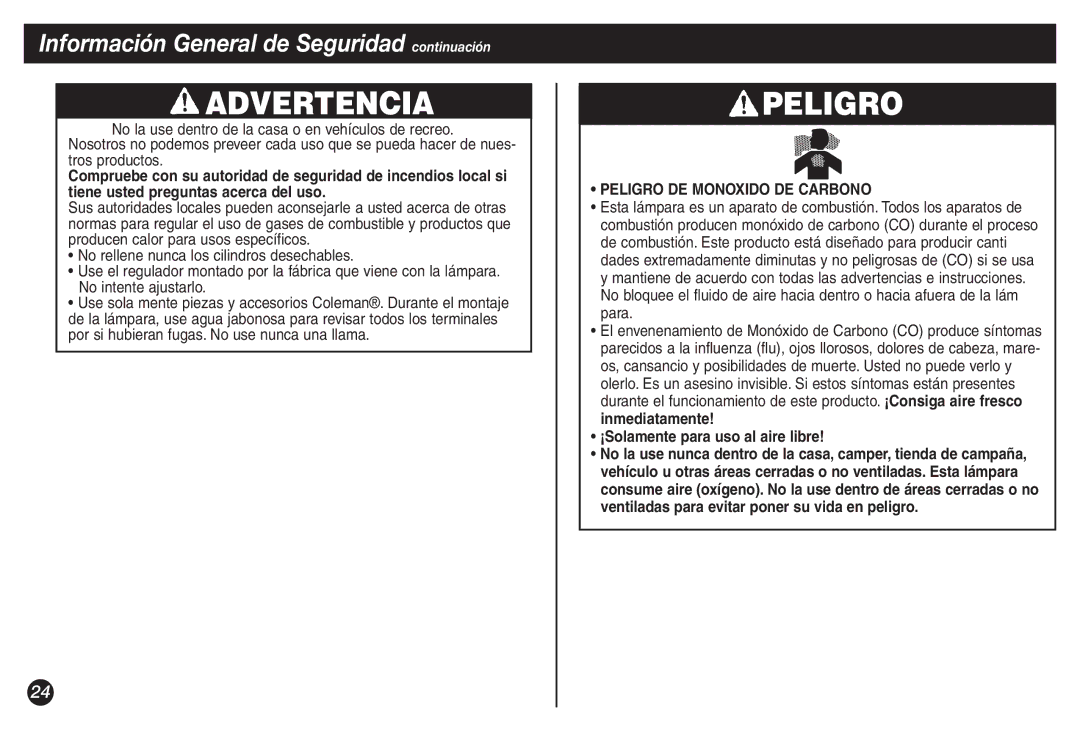 Coleman 5155B manual Información General de Seguridad continuación, Peligro DE Monoxido DE Carbono 