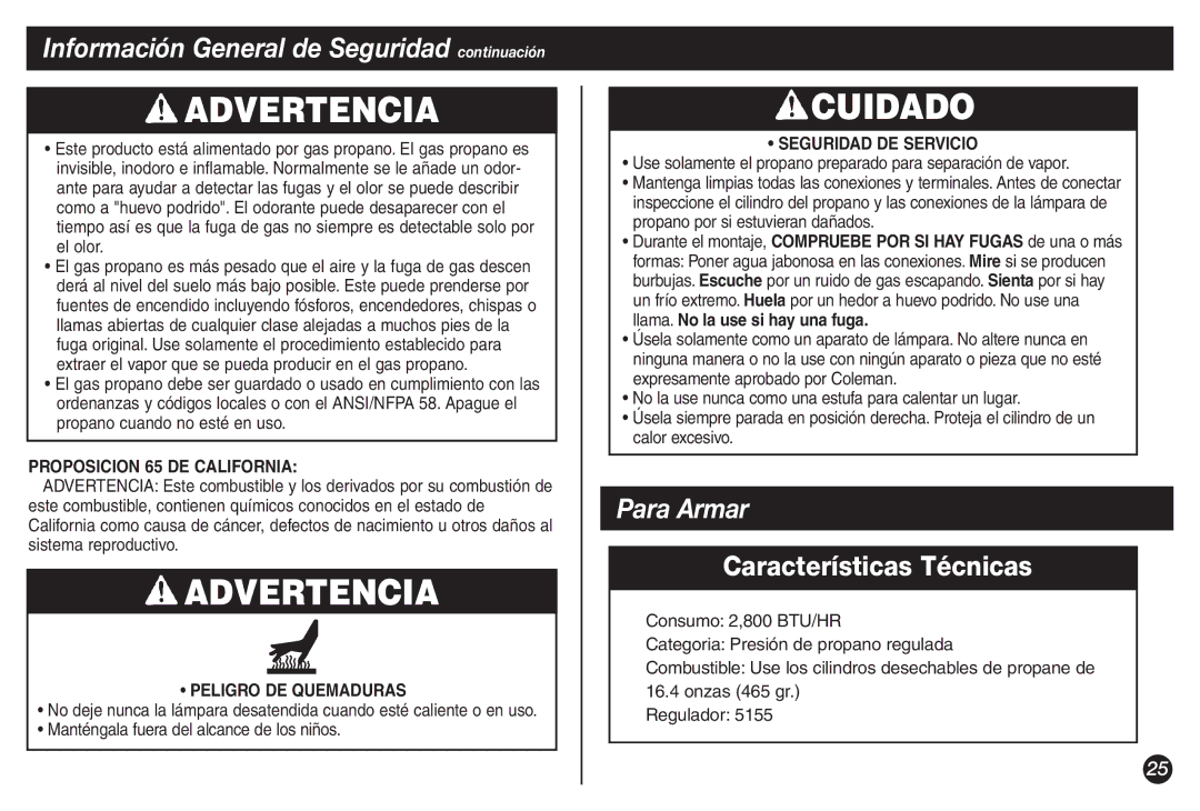 Coleman 5155B manual Para Armar, Proposicion 65 DE California, Peligro DE Quemaduras, Seguridad DE Servicio 