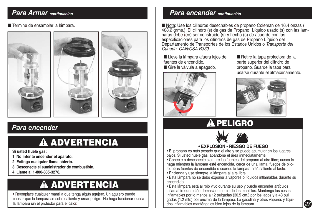 Coleman 5155B manual Para encender continuación, Termine de ensamblar la lámpara, Explosión Riesgo DE Fuego 