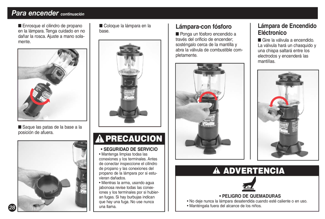 Coleman 5155B manual Para encender continuación, Lámpara-con fósforo 