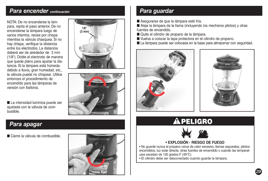 Coleman 5155B manual Para apagar, Para guardar, Cierre la válvula de combustible 