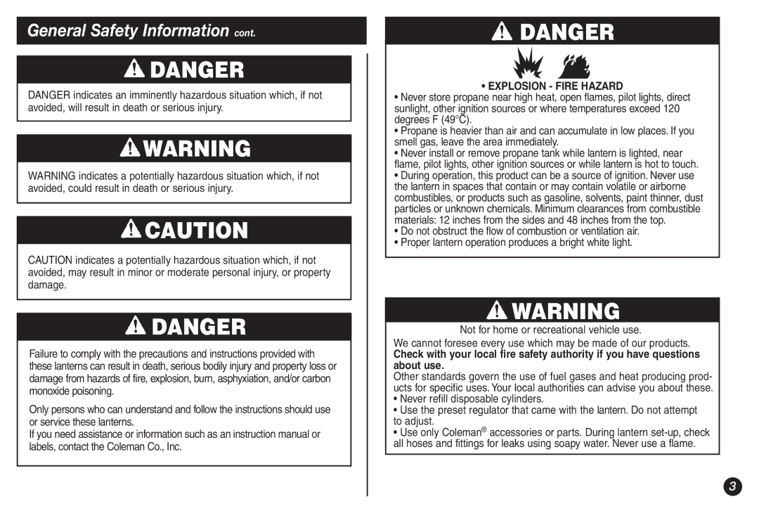 Coleman 5155B manual Explosion Fire Hazard 