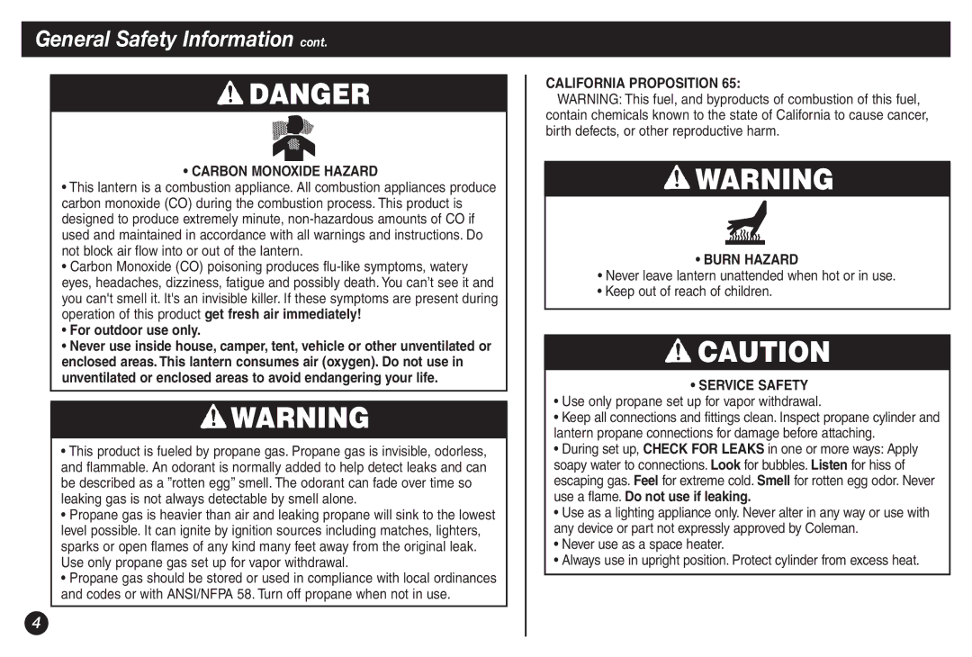 Coleman 5155B manual Carbon Monoxide Hazard, For outdoor use only, California Proposition Burn Hazard, Service Safety 